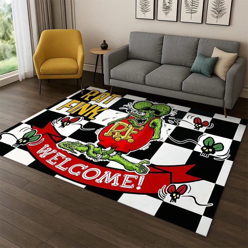 Rat Fink Cartoon Racing Car Moto Sign Carpet Rug for Bedroom Living Room Sofa Doormat Home Decor,Kid Game Area Rug Non-slip