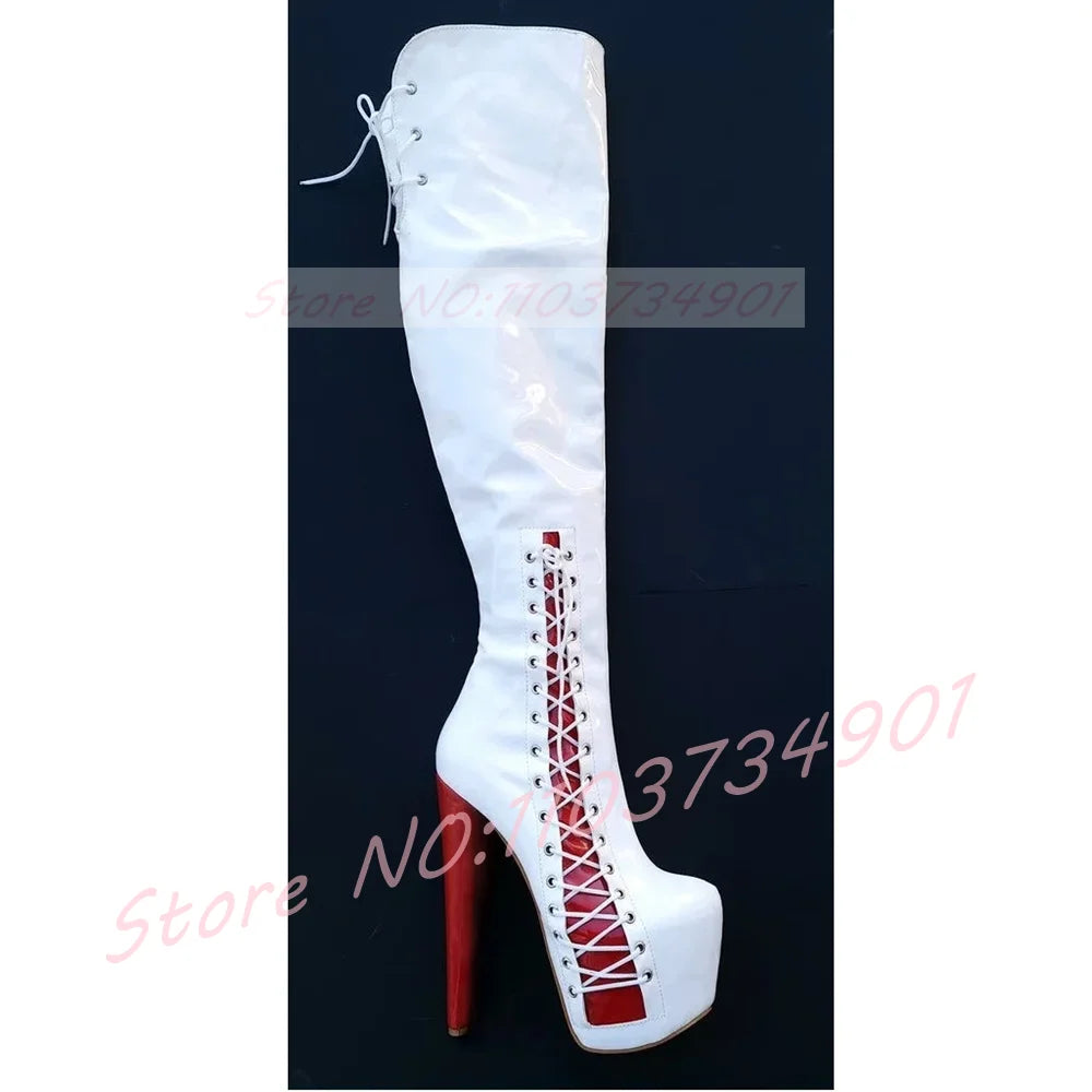 Platform Knee High Stiletto Boots Women Pink Splicing Round Toe Lace-Up Shiny Leather High Heels Boots Female Sexy Slim Boots
