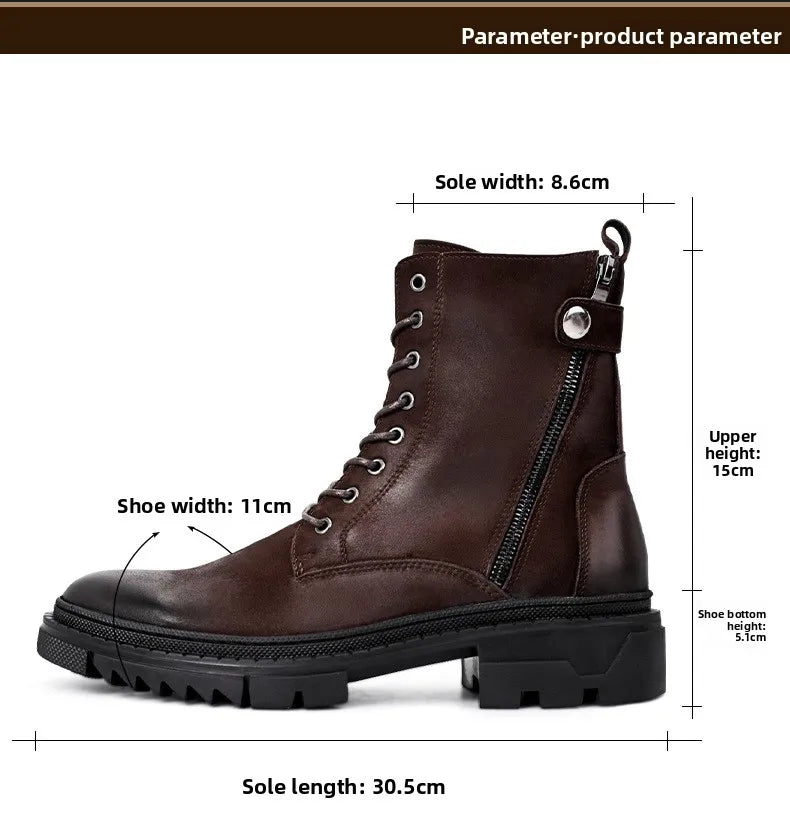 Round Head Casual Combat Boots Thick-soled High Boots Men's High Top Leather shoe Zipper Leather Boots motorcycle boots men