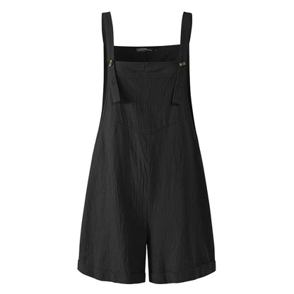 New Women Cotton and Hemp Loose Button Casual Backband Pants  Square Neck Sleeveless Shorts jumpsuit White/Black/Military Green
