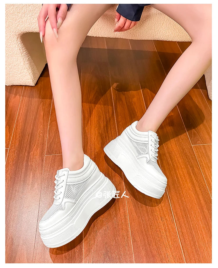 10-14cm Chunky Sneakers Women Platform Shoes Elevator Shoe White Mesh Breathable Sneakers Real Leather Increasing Shoes
