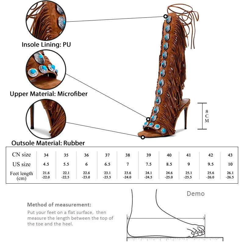 GMQM 2025 New Summer Festival Women's Knee High Boots Fringe Strappy Sandals Open Toe Lace-up Tassels High Heel For Dressy Shoes