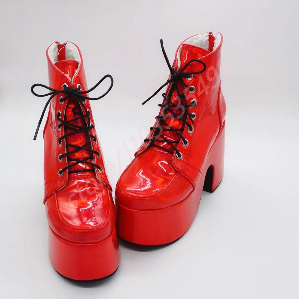 Thick Sole Round Toe Punk Party Boots 2025 New Street Rock Lace-Up Motorcycle Boots Fashion 34-48 Thick High Heel Ankle Boots