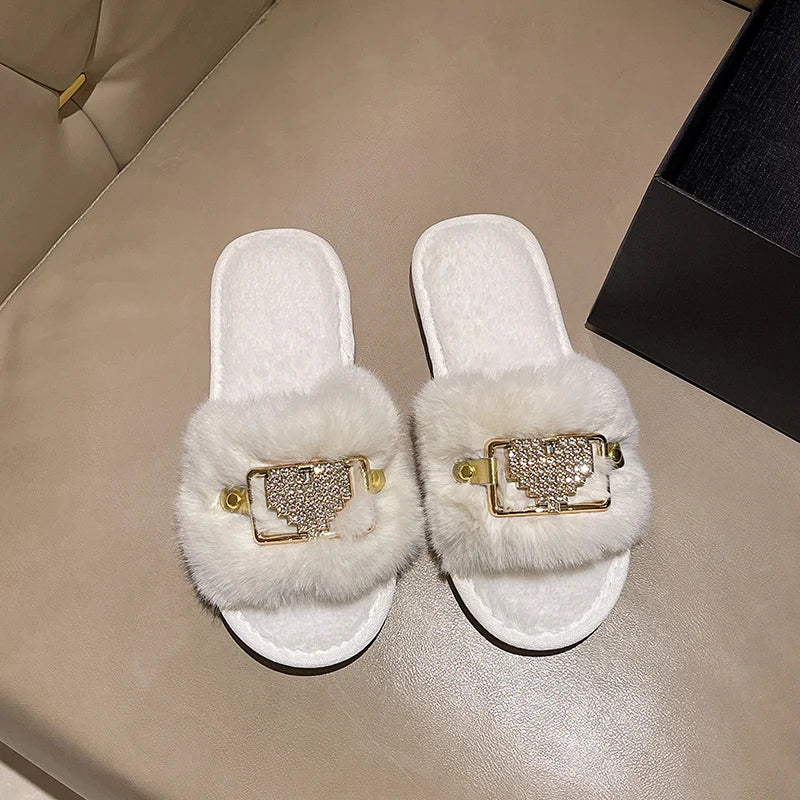 Love Chain Fluffy Women's Slippers Home Fashion Luxury Designer Shoes Woman Autumn Winter Faux Fuzzy Fur Slides Indoor Elegant