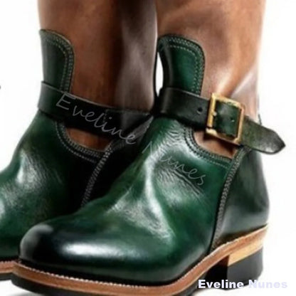 Black Vintage Leather Engineer Boots Men Round Toe Double Metal Buckle Slouchy Mid Calf Boots Low Block Heel Motorcycle Boots