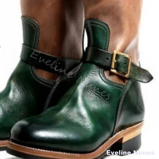 Black Vintage Leather Engineer Boots Men Round Toe Double Metal Buckle Slouchy Mid Calf Boots Low Block Heel Motorcycle Boots