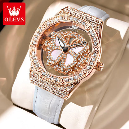 OLEVS Brand Luxury Diamond Quartz Watch for Women Fashion Leather Strap Waterproof Fashion Silver Watches Mens Relogio Feminino