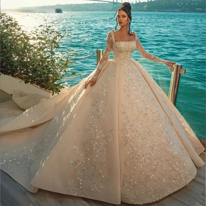 Customized Satin Square Collar Ball Gown Wedding Dresses Full Sleeves Beading  Appliques Long Bride Robe Vestido De Noiva