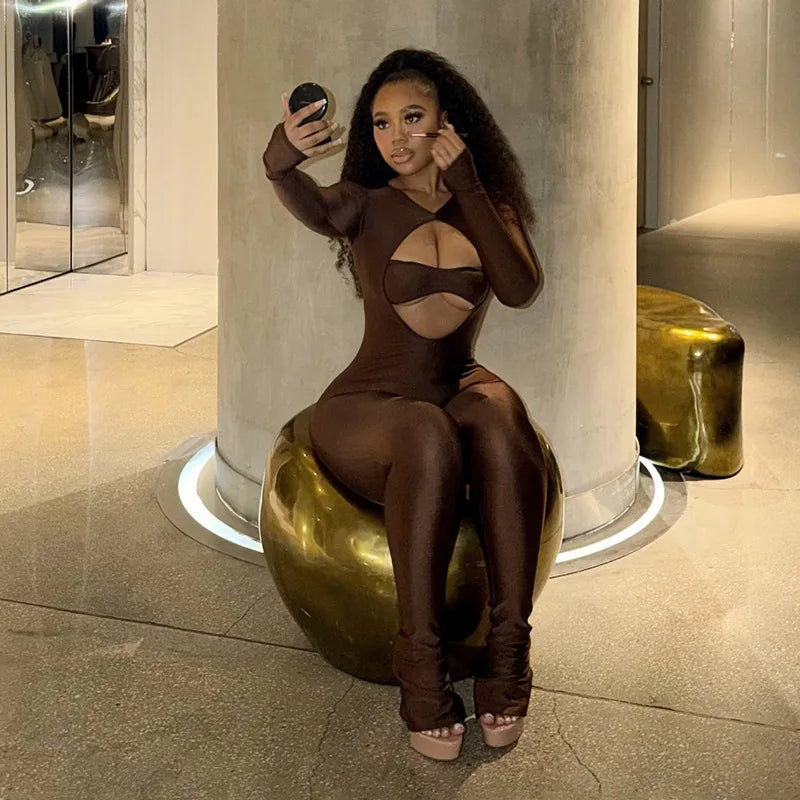 Joskaa Women Cutout Long Sleeve Jumpsuit with Tube Tops Sexy O-neck Back Zipper Thumb Hole Design Bodycon Rompers Party Clubwear