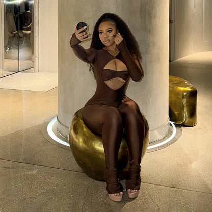 Joskaa Women Cutout Long Sleeve Jumpsuit with Tube Tops Sexy O-neck Back Zipper Thumb Hole Design Bodycon Rompers Party Clubwear
