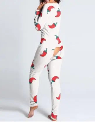 Sexy Pyjama Women's Long Sleeves Homewear Suit Button-Down Front Back Butt Bum Open Ass Flap Jumpsuit Loungewear Christmas Print