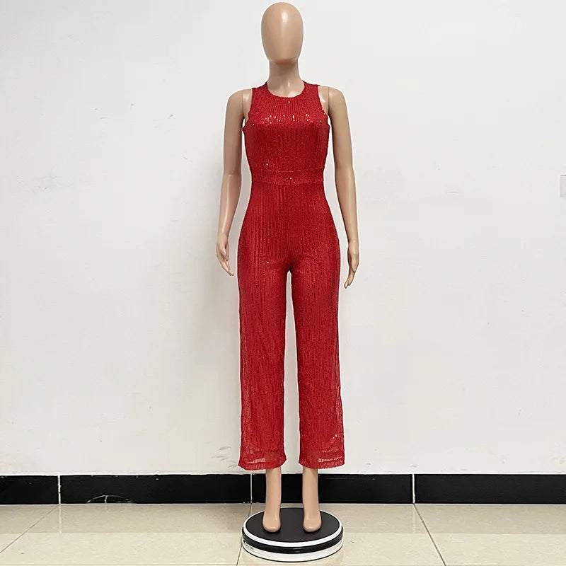 Bling Bling Sequined Club Jumpsuit Sexy Women O-neck Elegant Shiny Sliver Gold Sequins Straight Romper Overalls