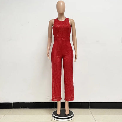 Bling Bling Sequined Club Jumpsuit Sexy Women O-neck Elegant Shiny Sliver Gold Sequins Straight Romper Overalls