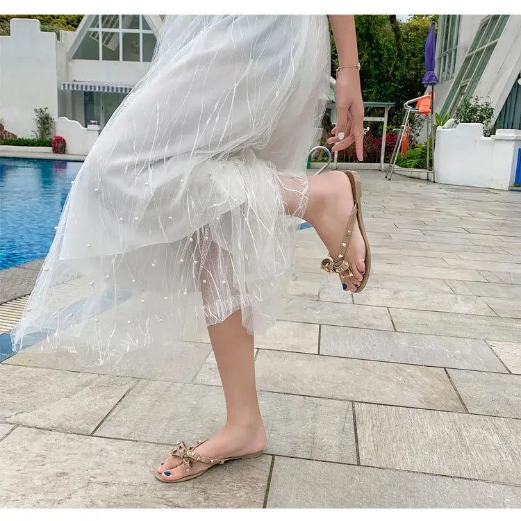 Summer Slippers Women Fashion Flip Flops Luxury Designer Female Beach Rivet Big Bow Flat Sandals Girls Jelly Shoes