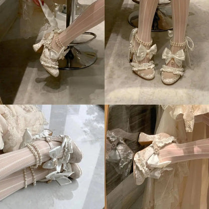 Sweet Lolita Women High Heels Luxury Designer Court Style Velour Bowknot Princess Dress Shoes Elegant