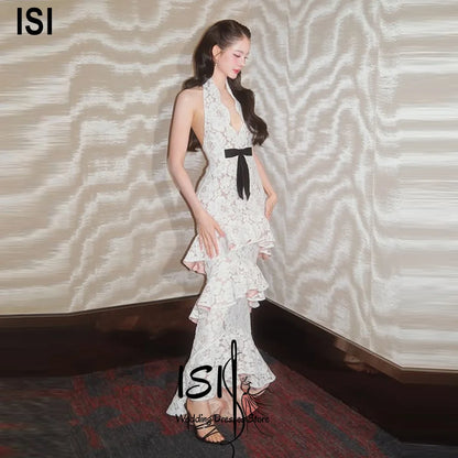 ISI Elegant Mermaid  Formal Occasion Prom Dress Halter Lace Stylish Bow Tiered Evening Party Gowns Vestidos De Fiesta Customized