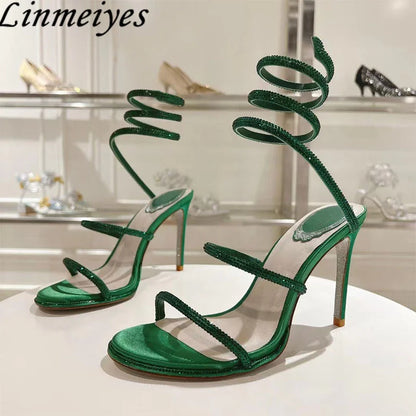 Summer Crystal Gladiator Sandals Women Rhinestone Twine Around Ankle Snake Wedding Shoes High Heels Sandals Woman