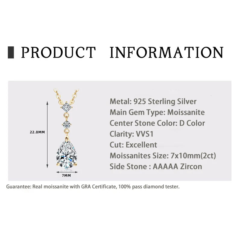 RAPRGOLD 2CT Moissanite Waterdrop Pendant Necklaces 925 Sterling Silver Necklace Chain for Women Girl Wedding Fine Jewelry Gift