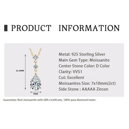RAPRGOLD 2CT Moissanite Waterdrop Pendant Necklaces 925 Sterling Silver Necklace Chain for Women Girl Wedding Fine Jewelry Gift