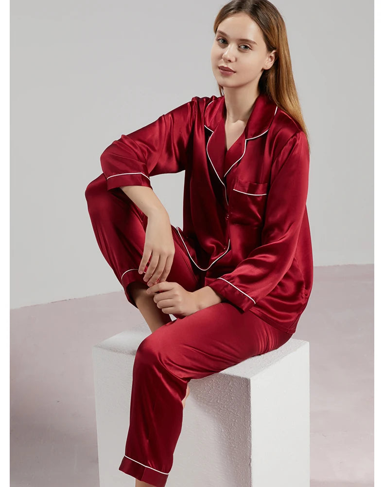 19MM 100% Mulberry Silk Pajamas Women Silk Sleepwear Lady Long-sleeved TrousersTwo-piece Spring Summer  Loose Sexy Home Clothes