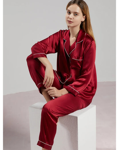 19MM 100% Mulberry Silk Pajamas Women Silk Sleepwear Lady Long-sleeved TrousersTwo-piece Spring Summer  Loose Sexy Home Clothes