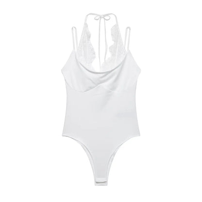 Women's Jumpsuit 2026 Spring New Solid Color Halter Neck Lace Splice Sexy Slim-Fit Romper Personalized Fashion