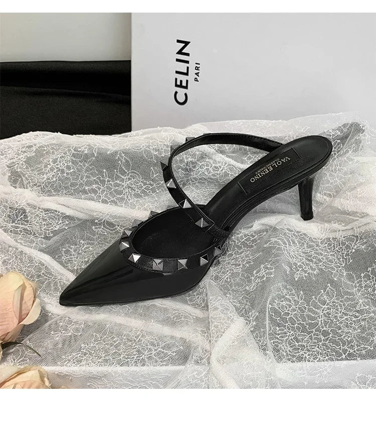 Heeled Sandals Summer Luxury Brand Rivets Women Slippers Fashion Leather Slingbacks Heels Slippers Designer Party Prom Shoes