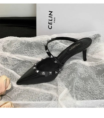 Heeled Sandals Summer Luxury Brand Rivets Women Slippers Fashion Leather Slingbacks Heels Slippers Designer Party Prom Shoes