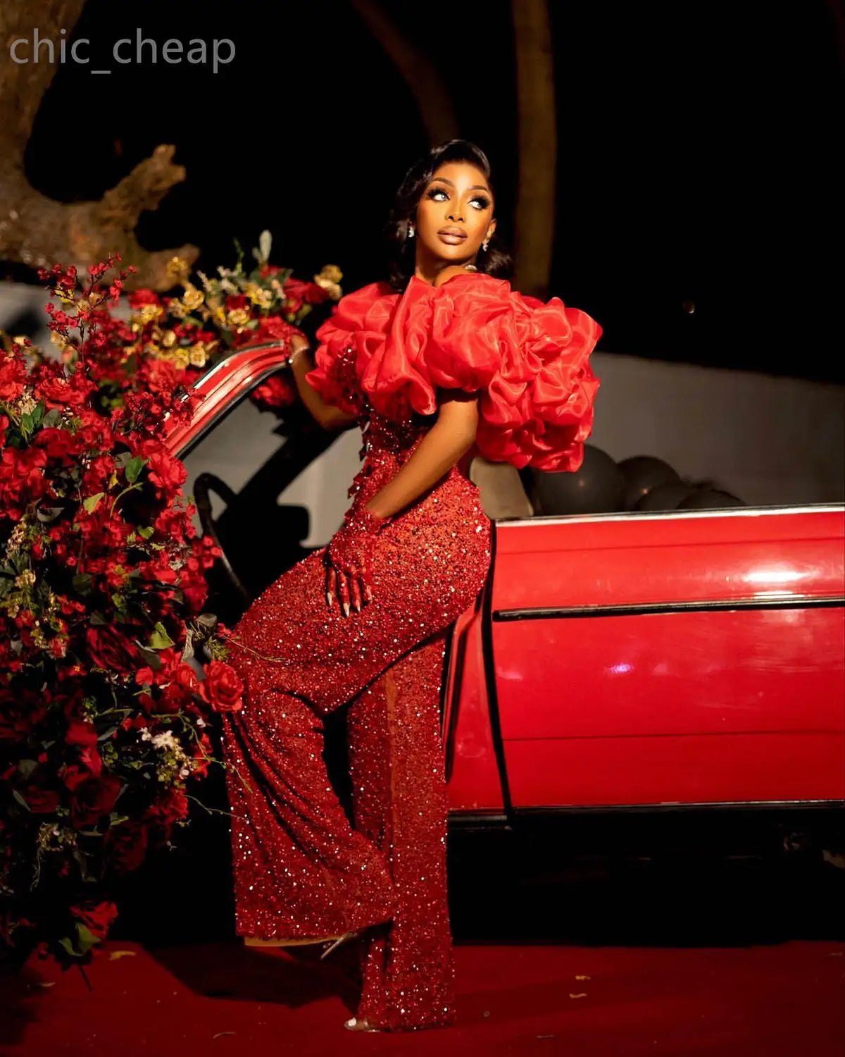 Luxurious Beaded Prom Dresses Off The Shoulder Sequined Evening Dress Ruffles Sleeve Jumpsuits Celebrity Party Gown