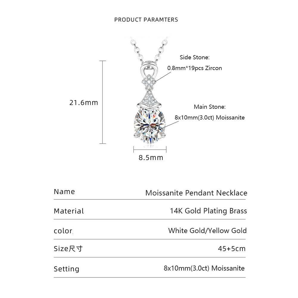 Celestinova 3ct 8x10mm D VVS1 Certified Oval Cut Moissanite Mermaid Tears Pendant Necklace for Women Bridal Wedding Jewelry Gift