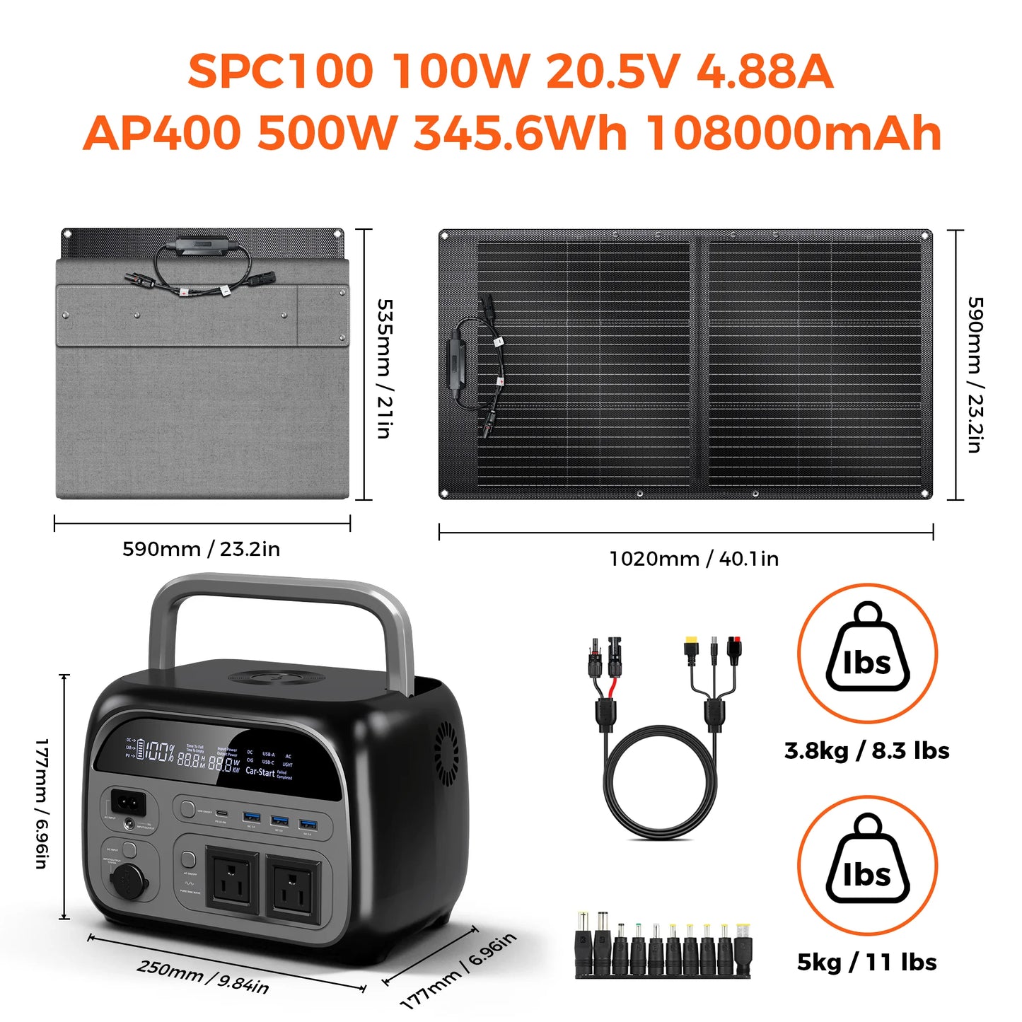 CTOLITY AP400 500W Solar Generator Portable Power Station Lifepo4 + SPC100-ETFE 100W ETFE Solar Panel Charger for Camping Power Bank Home