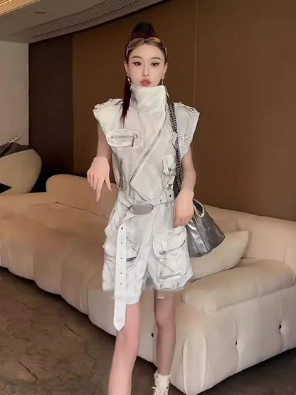 High Street Women Playsuits Sleeveless High Waist Zip Stand Collar Summer Fashion Casual Multiple Pockets Cargo Rompers Female