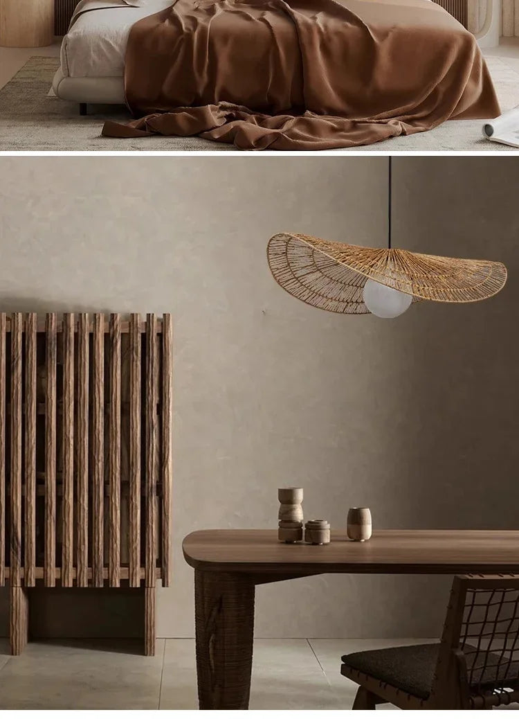 Wabi-Sabi Style Pendant Lights For Bedroom Living Room  Rattan Hand-Woven Lamp Restaurant Home Decor Chandeliers G80 Bulb