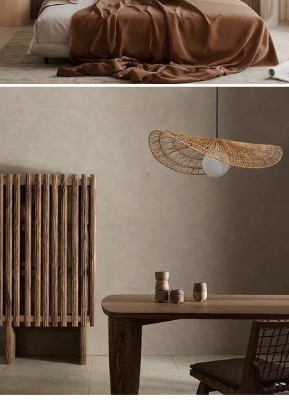 Wabi-Sabi Style Pendant Lights For Bedroom Living Room  Rattan Hand-Woven Lamp Restaurant Home Decor Chandeliers G80 Bulb