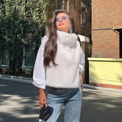 Trendy Outerwear Eco Mink Fur Turtleneck Tank Tops Fluffy High Collar Crop Top Thicken Layering Piece Sable Vest Women's Apparel