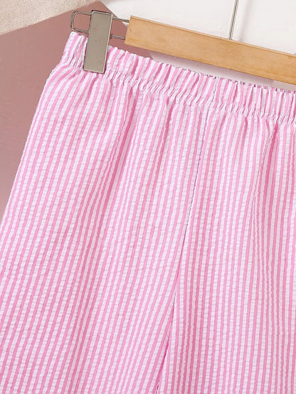 Kids Girls 2 Piece Pink Stripe Sleeveless Peplum Top & Wide Leg Pants Set Cute Bow Detail Summer Outfit