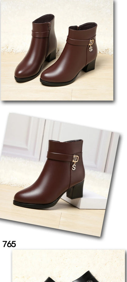 High-Heeled Leather Shoes Spring Single Shoes Thick Heel Thick Sole Slip-On Women's Shoes Square Toe Middle-Aged Mother's Shoes