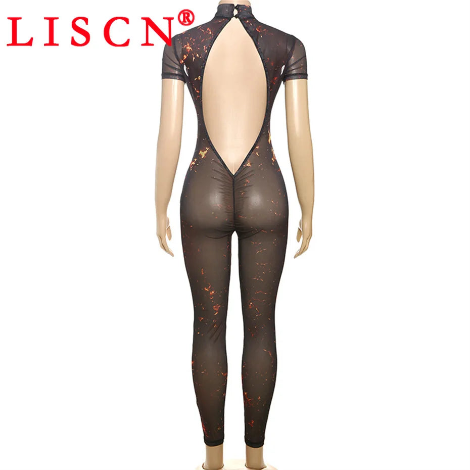 10 Wholesale Items Jumpsuits Women Summer 2025 Short Sleeve Bodycon Sexy Y2k Printing Mesh See Through Backless Rompers K15151