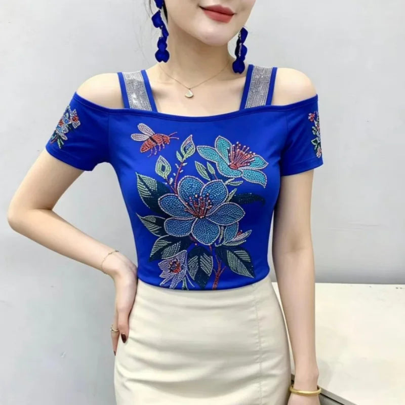 High Quality Elasticity Clothes Fashion T-Shirts Women's Sexy Off Shoulder Shiny Diamonds Mesh Tops Summer Tees Shirt