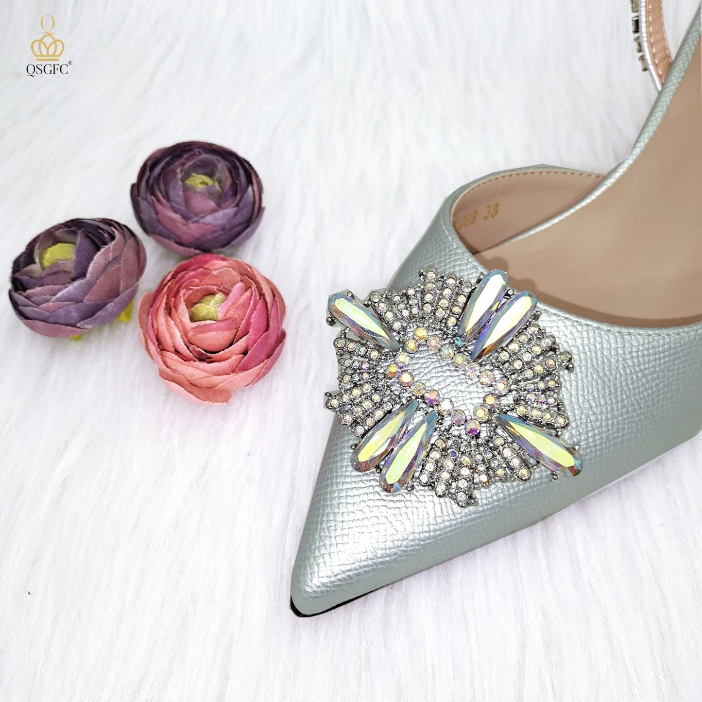 QSGFC High Quality Women's Pumps And Bag Silver Color Full Of Rhinestones High-Grade Materials For Nigerian Wedding Party
