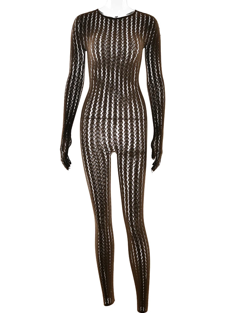 Sibybo Sheer Hollow Out Jumpsuits Women Summer Round Neck Long Sleeve High Stretch One Piece Jumpsuit Rompers Thin Sexy Overalls