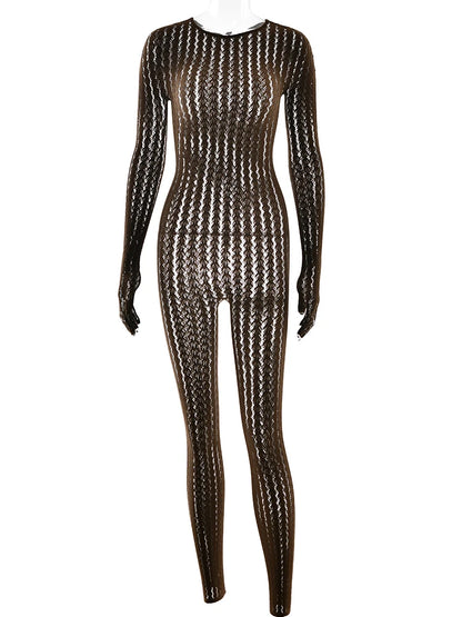 Sibybo Sheer Hollow Out Jumpsuits Women Summer Round Neck Long Sleeve High Stretch One Piece Jumpsuit Rompers Thin Sexy Overalls