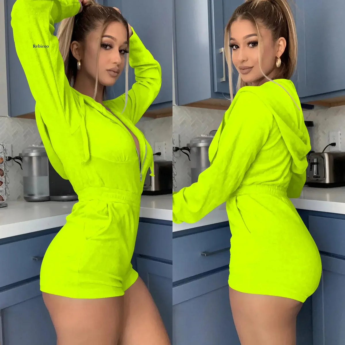 Hooded Jumpsuit Women Short Jumpsuit Black Blue Neon Geen Pink Overalls One Piece Outfit Jumpsuit Women Rompers Ropa Mujer