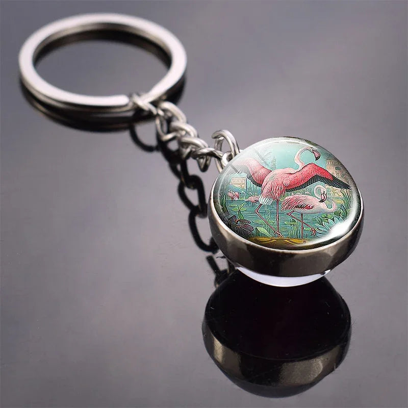 Animals Cute Keychain Cat Dog Bear Peacock Rabbit Squirrel Phoenix Double Side Glass Ball Pendant Keyring Jewelry Key Chain Gift
