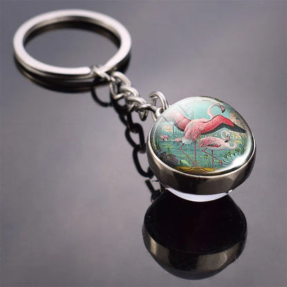 Animals Cute Keychain Cat Dog Bear Peacock Rabbit Squirrel Phoenix Double Side Glass Ball Pendant Keyring Jewelry Key Chain Gift