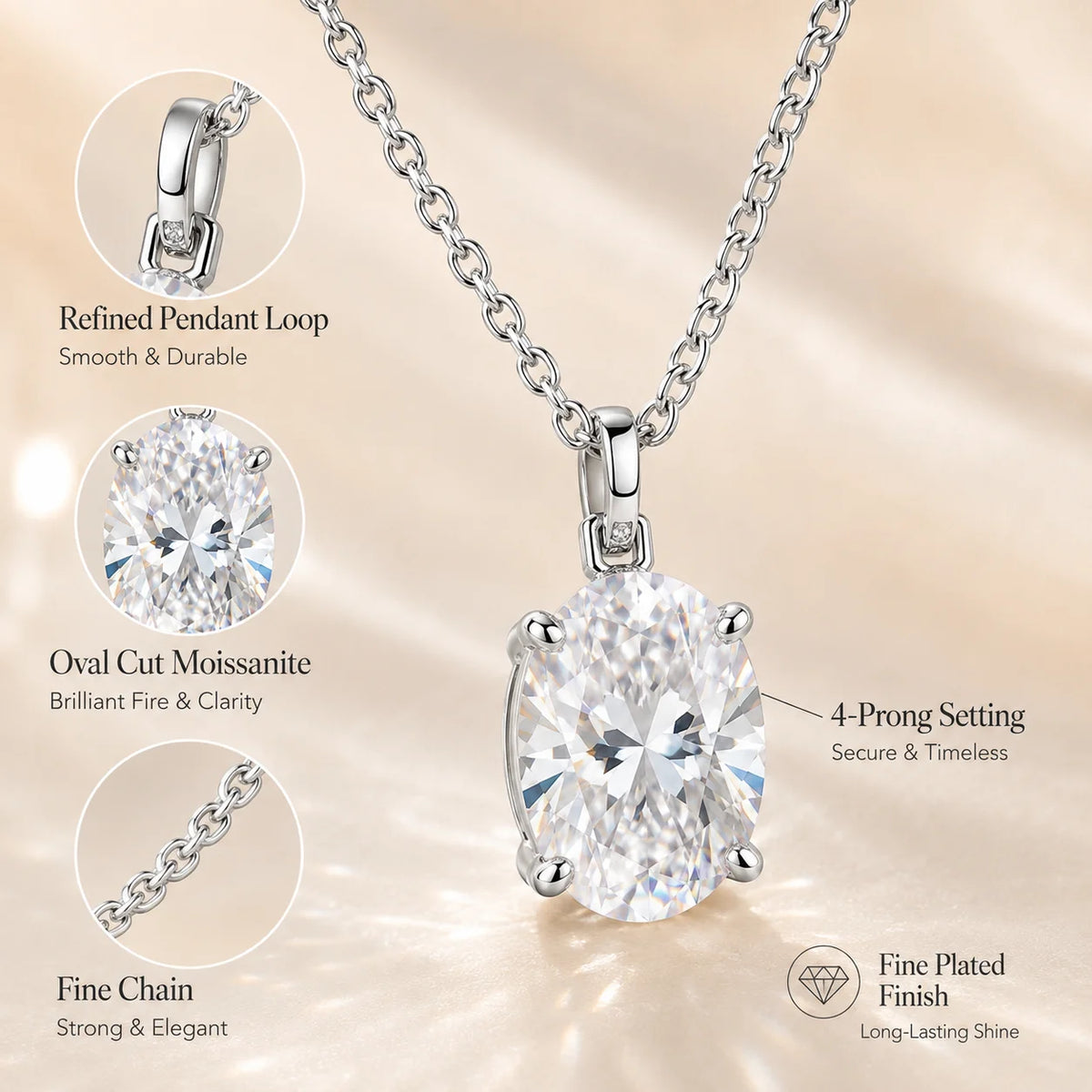 2CT Oval Moissanite Pendant Necklace GRA Certificate Plated Copper Solitaire Necklace Gift for Women