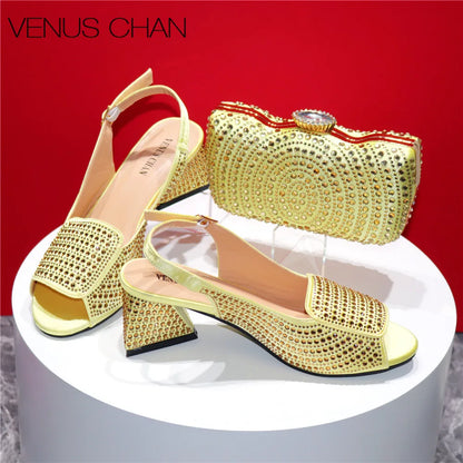 High Heels Shoes for Women Embroidery Rhinestone Italian Design Blue Color Pointed Toe Shoes and Bags Set Fashion