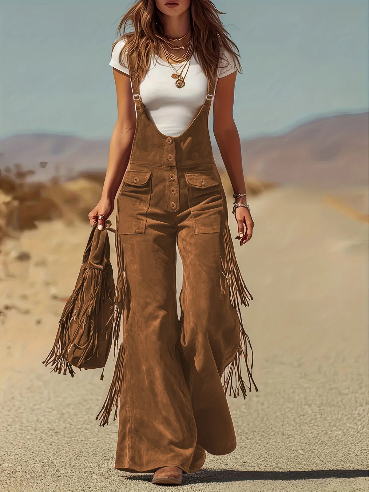 Western Vintage Solid Suede Tassel Female Jumpsuit Fashion Hollow Out Button Overalls 2026 Spring Strappy Bodysuit Woman Rompers