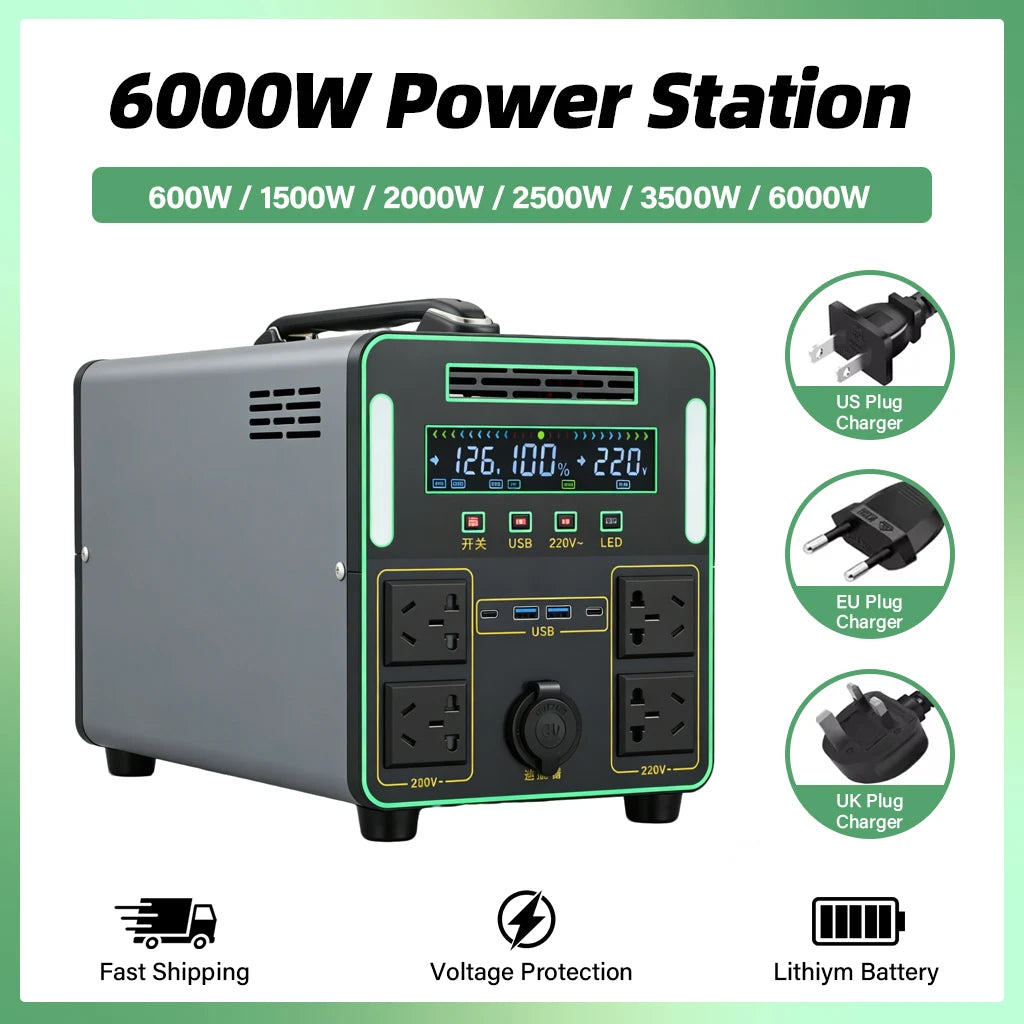 6000W Portable Power Station For Outdoor Camping And Home 5500WH Lifepo4 Battery Solar Generator Emergency Supply