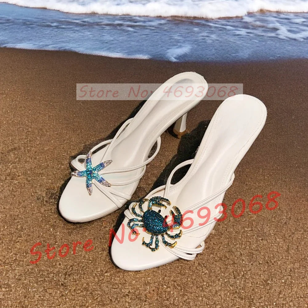 Rhinestone Shell Crab Decal Heeled Mules Women Elegant Beach Shallow High Heels Shoes Luxury Bling Cross Strap Fashion Slippers